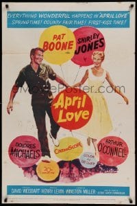 5t050 APRIL LOVE 1sh '57 full-length romantic art of Pat Boone & sexy Shirley Jones!