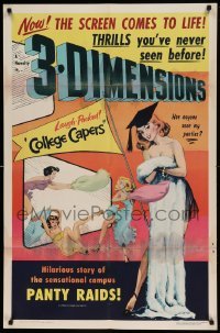 5t178 COLLEGE CAPERS 3D 1sh '53 girls pillow fighting, a novelty in 3-DIMENSIONS, rare!