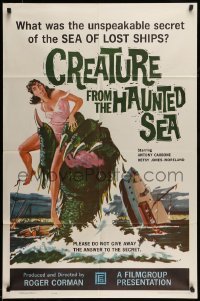 5t200 CREATURE FROM THE HAUNTED SEA 1sh '61 great art of monster's hand in sea grabbing sexy girl!