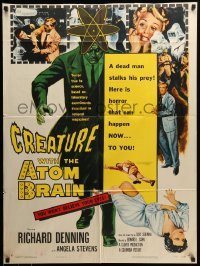 5t201 CREATURE WITH THE ATOM BRAIN 1sh '55 cool sci-fi art of dead man stalking his prey!