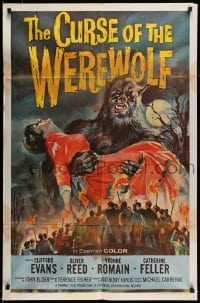 5t209 CURSE OF THE WEREWOLF 1sh '61 Hammer, art of Oliver Reed holding victim by Joseph Smith!