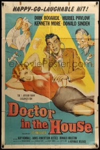 5t250 DOCTOR IN THE HOUSE 1sh '55 great art of Dr. Dirk Bogarde examining sexy Muriel Pavlow!