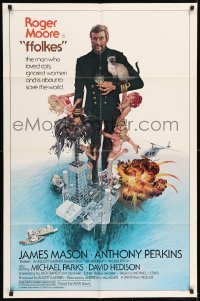 5t300 FFOLKES 1sh '80 Andrew V. McLaglen, James Mason, cool art of Roger Moore w/sexy babes & cat!