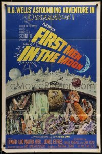 5t306 FIRST MEN IN THE MOON 1sh '64 blue style, Ray Harryhausen, H.G. Wells, fantastic sci-fi art