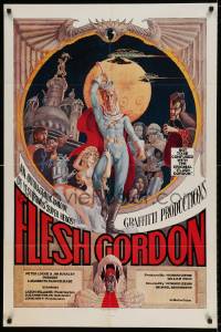 5t314 FLESH GORDON 1sh '74 sexy sci-fi spoof, wacky erotic super hero art by George Barr!