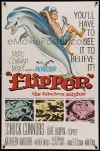 5t316 FLIPPER 1sh '63 Chuck Connors, Luke Halpin, cool art of boy & dolphin!