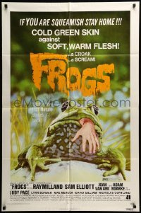 5t333 FROGS 1sh '72 great horror art of man-eating amphibian with human hand hanging from mouth!