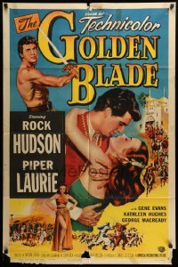 5t359 GOLDEN BLADE 1sh '53 close-up art of Rock Hudson & sexy Piper Laurie!