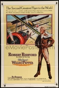 5t371 GREAT WALDO PEPPER 1sh '75 Robert Redford, aviation art on yellow background by Gary Meyer!
