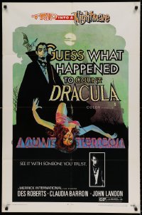 5t374 GUESS WHAT HAPPENED TO COUNT DRACULA 1sh '70 art of vampire & victim, trip into a nightmare!