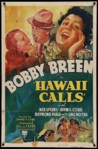 5t389 HAWAII CALLS 1sh '38 art of Ned Sparks watching young Bobby Breen playing ukulele & singing!