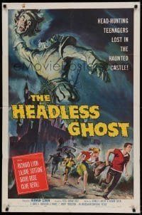 5t390 HEADLESS GHOST 1sh '59 head-hunting teenagers lost in the haunted castle, cool art by Brown!