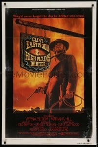 5t407 HIGH PLAINS DRIFTER 1sh '73 classic art of Clint Eastwood holding gun & whip!