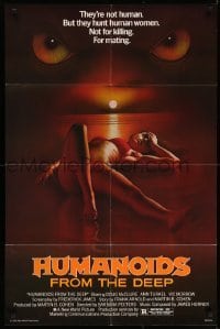 5t428 HUMANOIDS FROM THE DEEP 1sh '80 classic sexy art of eyes looming over sexy girl on beach!