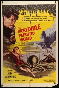 5t452 INCREDIBLE PETRIFIED WORLD 1sh '59 art of sexy Phyllis Coates attacked by octopus monster!
