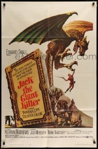 5t461 JACK THE GIANT KILLER 1sh '62 cool fantasy art of Kerwin Mathews battling dragon from book!
