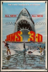 5t465 JAWS 3-D 1sh '83 great Gary Meyer shark artwork, the third dimension is terror!