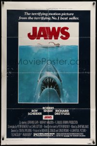 5t464 JAWS 1sh '75 art of Spielberg's classic man-eating shark attacking swimmer!