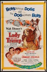 5t494 LADY & THE TRAMP/ALMOST ANGELS 1sh '62 Walt Disney double-bill w/cool canine art!