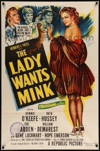 5t499 LADY WANTS MINK 1sh '52 art of Dennis O'Keefe, Ruth Hussey, Eve Arden, and Mabel the Mink!
