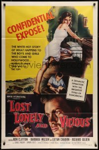 5t528 LOST, LONELY & VICIOUS 1sh '58 art of sexy barely-dressed bad girl leaning on bed!
