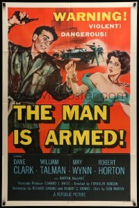 5t548 MAN IS ARMED 1sh '56 art of violent dangerous Dane Clark with gun grabbing sexy May Wynn!