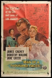 5t549 MAN OF A THOUSAND FACES 1sh '57 art of James Cagney as Lon Chaney Sr. by Reynold Brown!