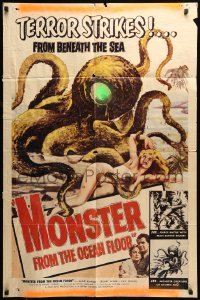 5t580 MONSTER FROM THE OCEAN FLOOR 1sh '54 cool art of the octopus beast attacking sexy girl!
