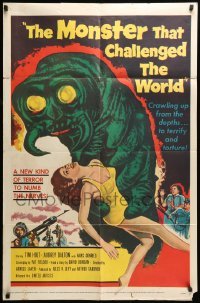 5t581 MONSTER THAT CHALLENGED THE WORLD 1sh '57 great artwork of creature & its female victim!