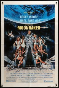 5t585 MOONRAKER style B int'l teaser 1sh '79 Goozee art of Moore as James Bond & sexy girls!