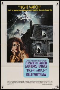 5t623 NIGHT WATCH 1sh '73 Laurence Harvey, Billie Whitelaw, art of scared Elizabeth Taylor!