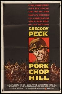 5t681 PORK CHOP HILL 1sh '59 Lewis Milestone directed, cool art of Korean War soldier Gregory Peck