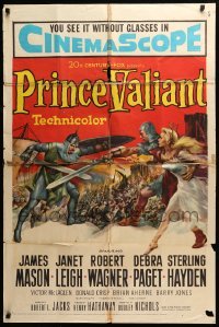 5t693 PRINCE VALIANT 1sh '54 artwork of Robert Wagner in armor saving sexy Janet Leigh!