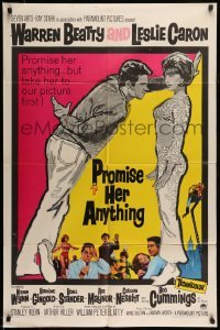 5t696 PROMISE HER ANYTHING 1sh '66 art of Warren Beatty w/fingers crossed & pretty Leslie Caron!