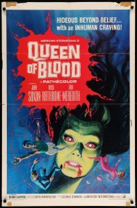 5t702 QUEEN OF BLOOD 1sh '66 Basil Rathbone, cool art of female monster & victims in her web!