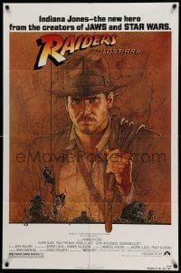 5t709 RAIDERS OF THE LOST ARK 1sh '81 great art of adventurer Harrison Ford by Richard Amsel!