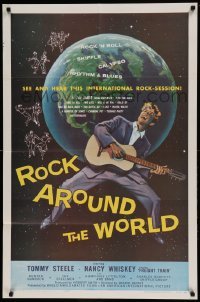 5t735 ROCK AROUND THE WORLD 1sh '57 early rock & roll, great artwork of Tommy Steele!