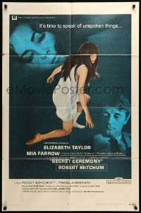 5t761 SECRET CEREMONY 1sh '68 Elizabeth Taylor, Mia Farrow, Robert Mitchum, blue background!