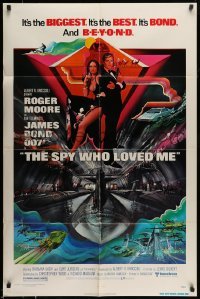 5t817 SPY WHO LOVED ME 1sh '77 cool art of Roger Moore as James Bond by Bob Peak!