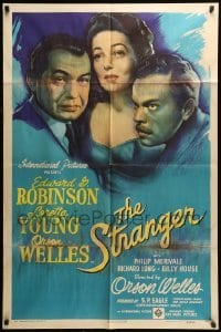 5t837 STRANGER 1sh '46 cool artwork of Orson Welles, Edward G. Robinson & Loretta Young!