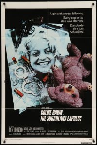5t844 SUGARLAND EXPRESS 1sh '74 Steven Spielberg, photo of Goldie Hawn under gun, teddy bear!