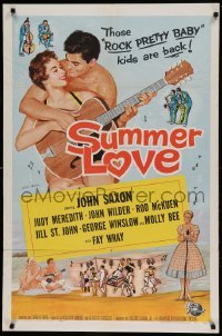5t847 SUMMER LOVE 1sh '58 very young John Saxon plays guitar with pretty girl on beach!