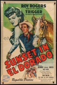 5t852 SUNSET IN EL DORADO 1sh '45 cool art of Roy Rogers, Trigger & sexy winking Dale Evans!