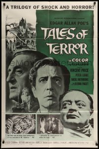 5t863 TALES OF TERROR 1sh '62 great close images of Peter Lorre, Vincent Price & Basil Rathbone!