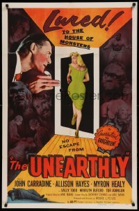 5t923 UNEARTHLY 1sh '57 John Carradine & sexy Sally Todd lured to the house of monsters!