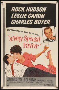 5t931 VERY SPECIAL FAVOR 1sh '65 Rock Hudson kisses sexy Leslie Caron, Charles Boyer!