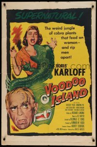 5t940 VOODOO ISLAND 1sh '57 Boris Karloff, art of woman-eating cobra plant attacking girl!