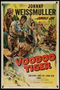 5t941 VOODOO TIGER 1sh '52 cool action art of Johnny Weissmuller as Jungle Jim!