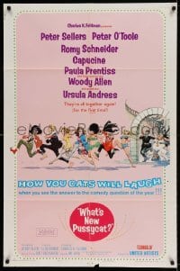 5t965 WHAT'S NEW PUSSYCAT style A 1sh '65 Frazetta art of Woody Allen, Peter O'Toole & sexy babes!