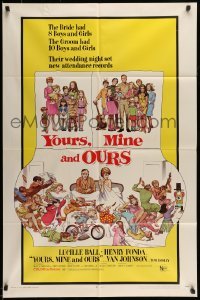 5t998 YOURS, MINE & OURS 1sh '68 art of Henry Fonda, Lucy Ball & their 18 kids by Frank Frazetta!